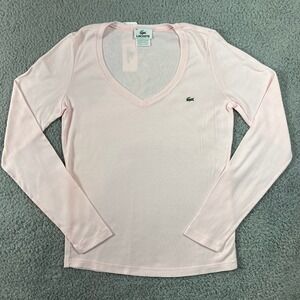 Lacoste Women's V-Neck Long Sleeve T-Shirt Light Pink US Size M (EU/6) VTG NWT